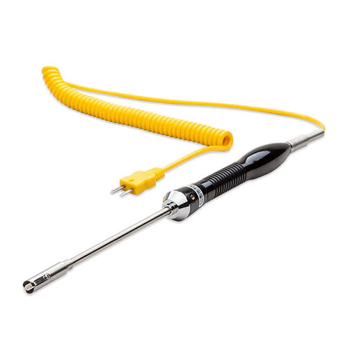 Soldering iron with yellow coiled cable on a white background