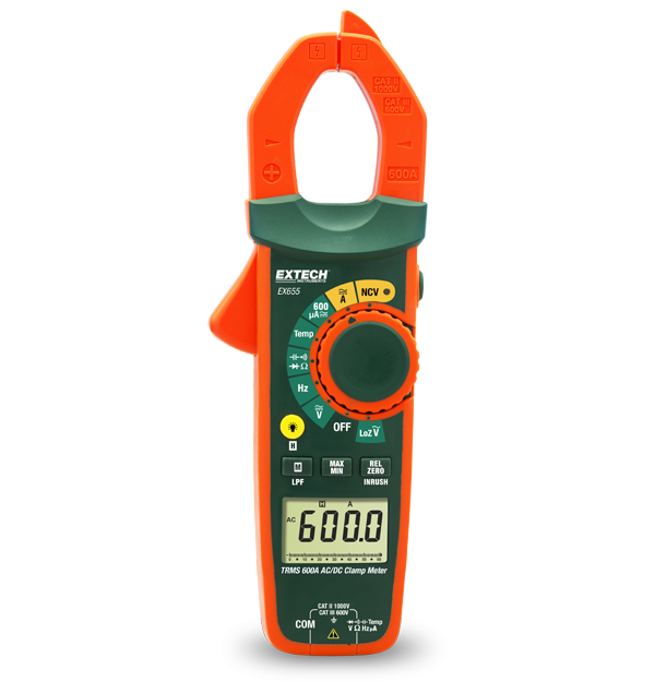 Extech EX655 – True RMS 600A AC/DC Clamp Meter with LPF, Inrush & µA
