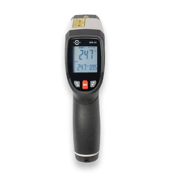 A digital infrared thermometer with a black body and gray accents, featuring a digital display, buttons, and a laser aiming device.