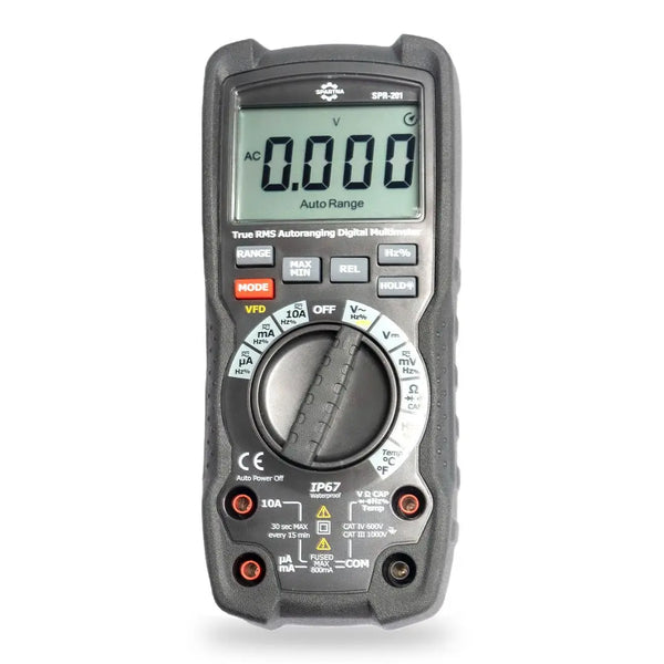 A digital multimeter with a black body, buttons, and a digital display, labeled Spartna SPR-201.