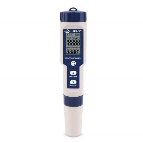 A Spartna SPR-501 water quality testing meter with a digital screen, blue and white color scheme, with buttons for operation.