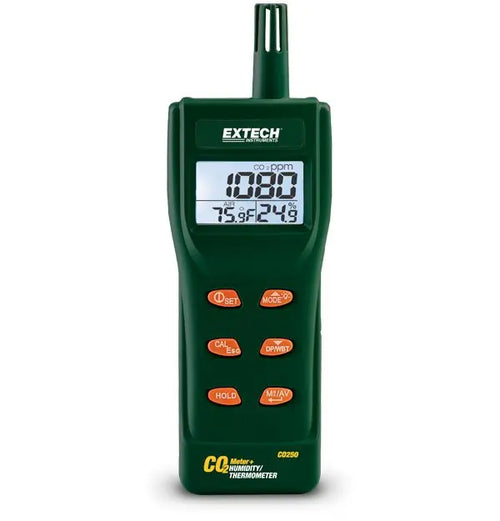 A green handheld Extech CO250 Portable Indoor Air Quality CO2 Meter with digital display showing measurements.