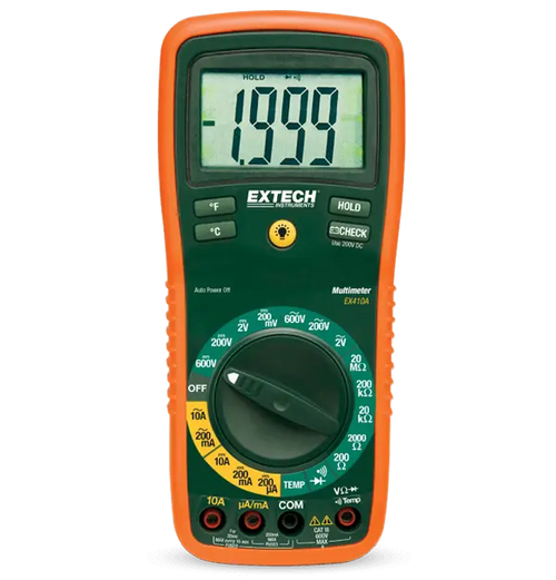 An Extech EX410A professional multimeter with a large digital display, measurement inputs, and an orange protective casing.
