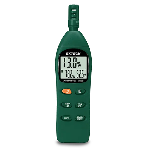 A digital Extech RH300 hygro-therometer psychrometer displaying readings on its LCD screen, with a green body and a probe on top.