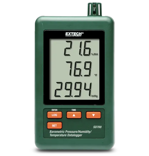 Extech SD700 Barometric Pressure/Humidity/Temperature Datalogger with a green casing, displaying readings on its LCD screen.